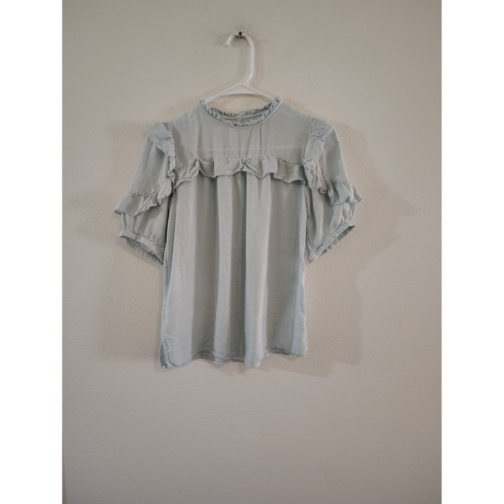 LOFT Womens Light Blue Ruffle Trim Short Sleeve Blouse Top XSP Petite